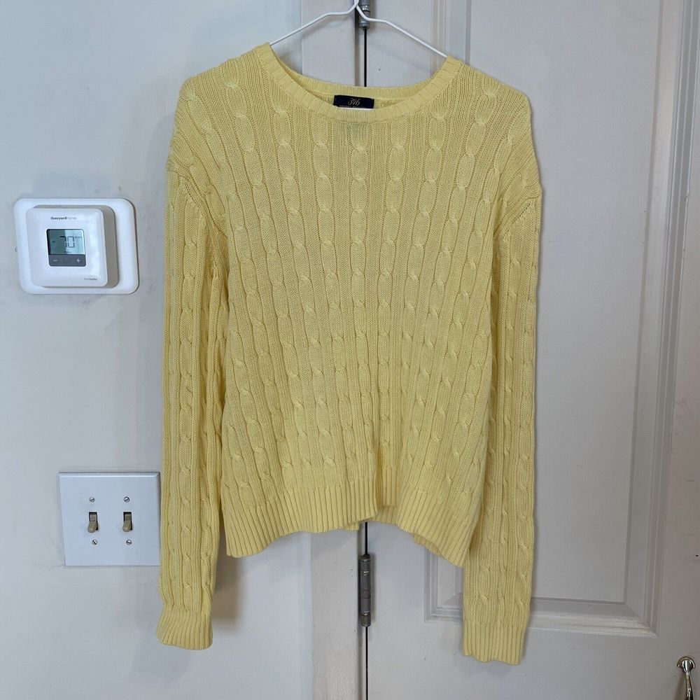Brooks Brothers Womens Yellow Cotton Cable Knit Long Sleeve Sweater Top Size XL